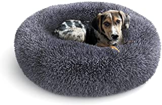 Calming Donut Dog and Cat Bed – Round Donut Cuddler Dog Bed – Machine Washable – Anti-Anxiety – Anti-Slip Waterproof Bottom – Plush Faux/Shag Fur – 23 Inch Grey Orthopedic Pet Bed